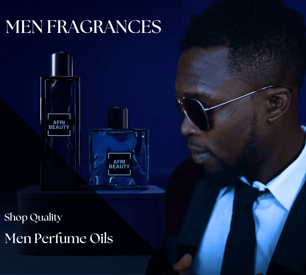 men fragrances banner image with a man alongside a perfume bottle