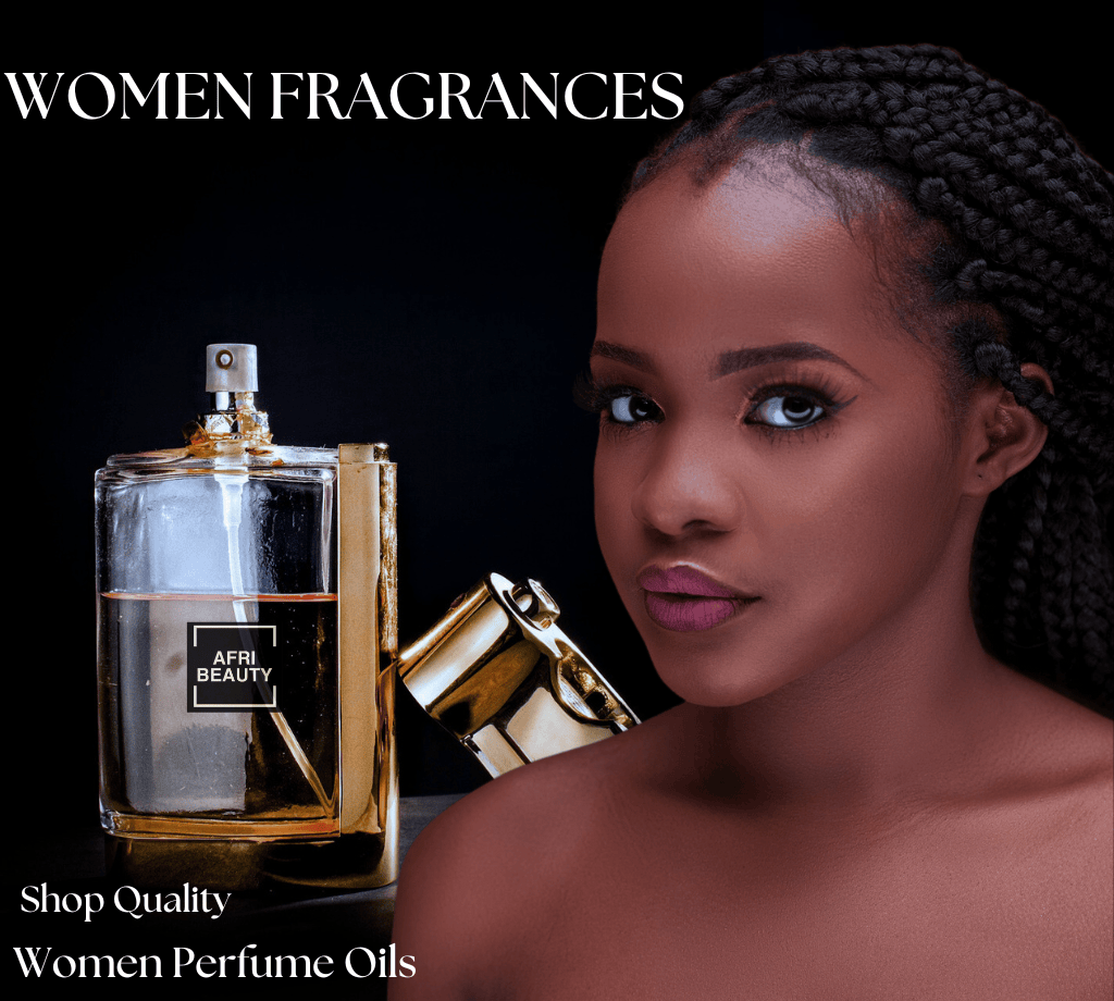 women fragrances banner image with woman alongside a perfume bottle